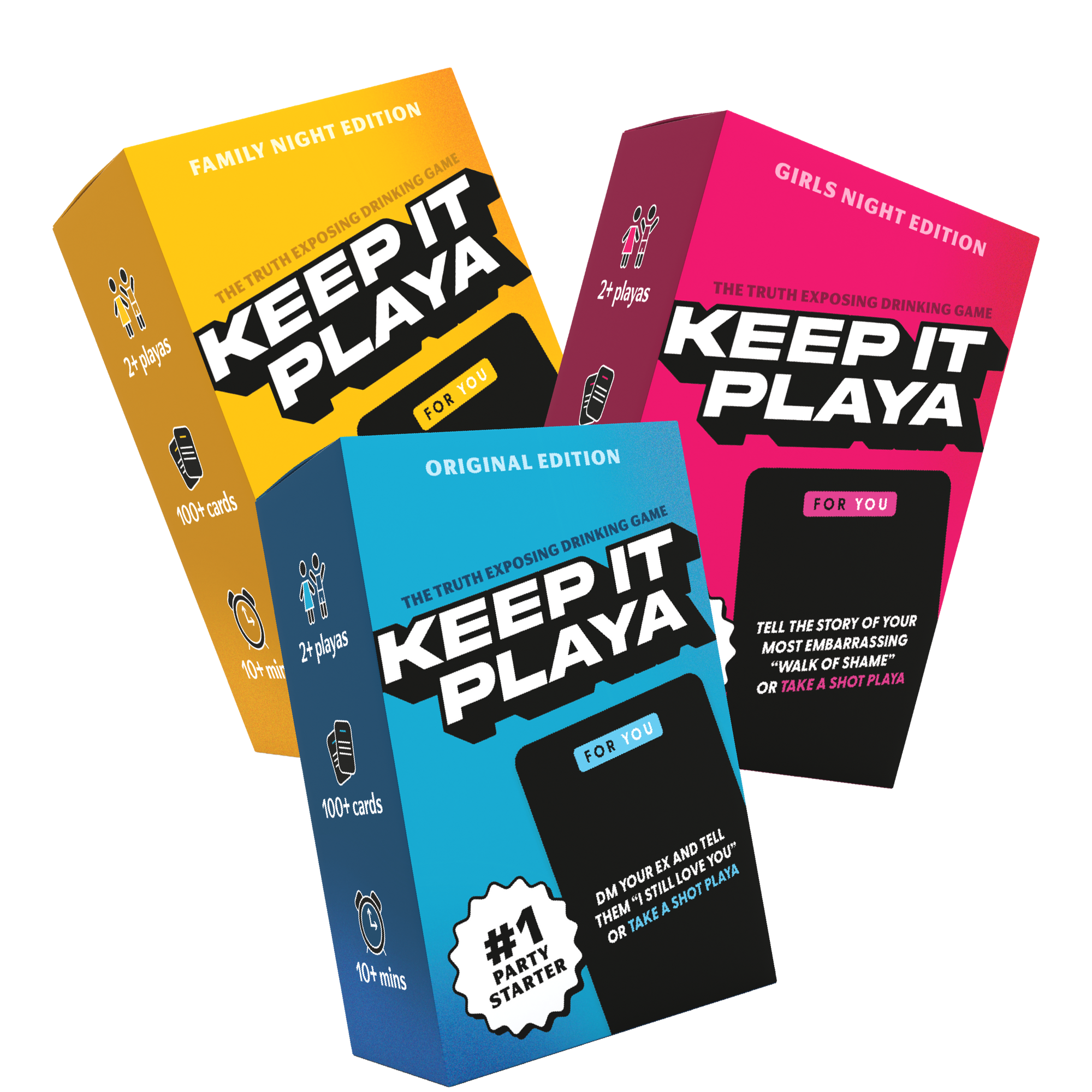 image of all three Keep It Playa games: original edition, girls night edition, and family night edition